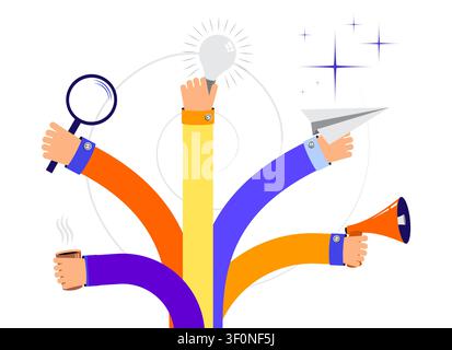Multiple Arms Rising with Lightbulb Search Loupe and Megaphone - vector illustration Stock Vector