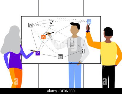 Agile Team Mapping Complex Network Connections on Whiteboard Canvas - vector illustration Stock Vector