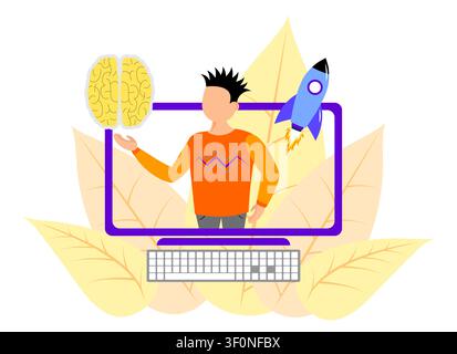 Student or Creator Presenting Brain Potential and Rocket Launch via Monitor - vector illustration Stock Vector