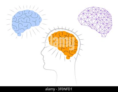 Human Head Profile showing Brain Evolution from Sketch to Connected Grid - vector illustration Stock Vector