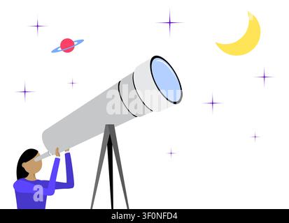Woman Looking through Telescope at Stars and Moon in Night Sky - vector illustration Stock Vector