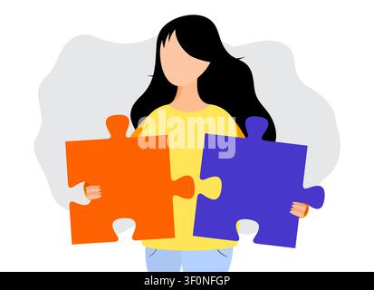 Woman Assembling and Fitting Missing Puzzle Pieces Together - vector illustration Stock Vector