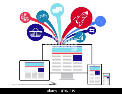 Responsive Web UI Design Showcase across Monitor Laptop and Phone - vector illustration Stock Vector