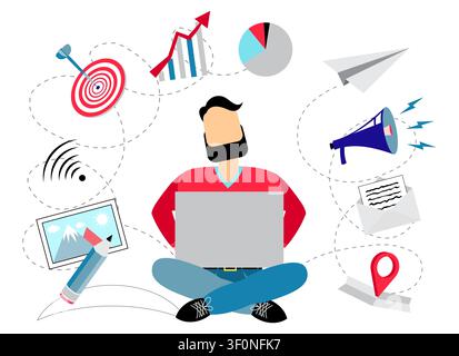 Freelancer Working on Laptop Surrounded by Multi Tasking Work Icons - vector illustration Stock Vector