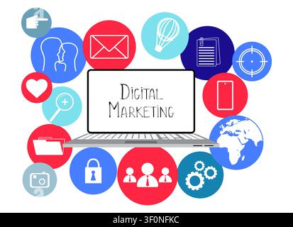 Digital Marketing Dashboard Hub with Communication Icons Set - vector illustration Stock Vector