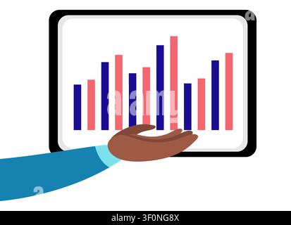 Hand Holding Tablet Presenting Colorful Vertical Corporate Bar Chart - vector illustration Stock Vector