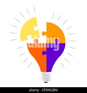 Four Puzzle Pieces Assembling into a Lightbulb Idea Symbol - vector illustration Stock Vector