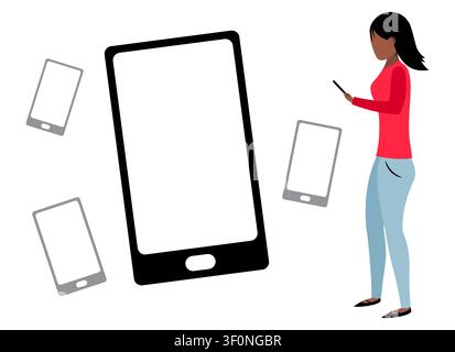 Woman Interacting with Multiple Floating Blank Smartphone Screens - vector illustration Stock Vector
