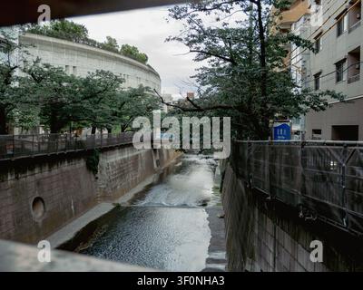 Meguro River flowing over a small weir in a concrete flood control channel lined with green trees, Tokyo, Japan Stock Photo