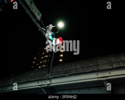 Traffic lights glowing red and green beside a Shoto street sign at night under a full moon in Shibuya, Tokyo, Japan Stock Photo