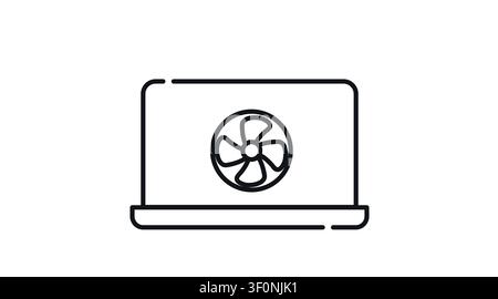 Laptop computer cooling fan icon: portable notebook displaying hardware cooler and ventilation symbol on screen, minimalist black line art vector illu Stock Vector