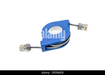 RJ-45 cable on  white background. Ethernet Cable Extension. Network cable with connectors. Stock Photo