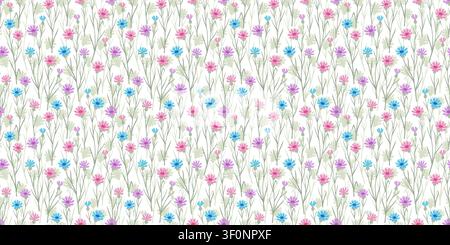 Seamless meadow pattern with pink, purple, blue cornflowers on slender green stems on white background, minimal hand drawn botanical illustration for Stock Vector