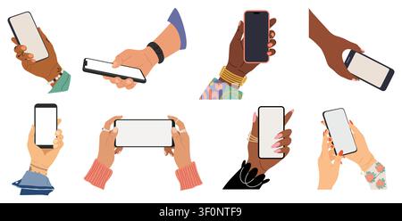 Hands of diverse people hold smart phones Stock Vector