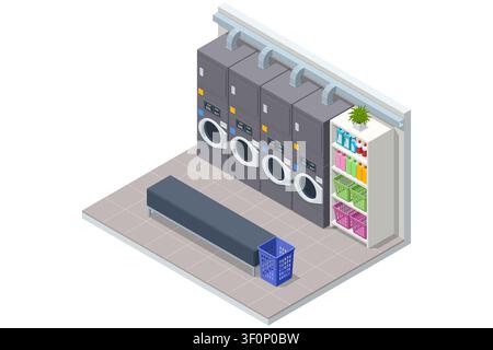 Isometric self service laundry room with washer and dryer machines, supply shelf, bench and basket, illustrating organized laundromat interior, fabric Stock Vector