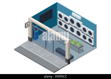 Isometric self service laundromat storefront with glass facade, washer and dryer line, folding table and kiosk, showing urban laundry business Stock Vector