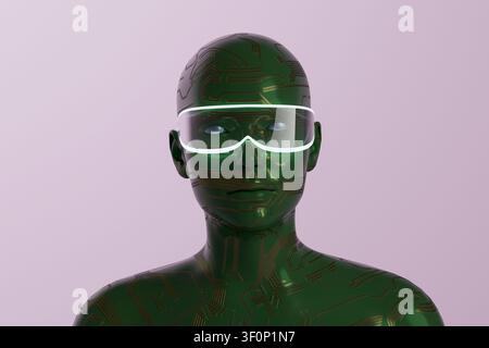 3D render of a green humanoid mannequin with circuit patterns, wearing a glowing translucent smart visor on a soft purple background. Stock Photo