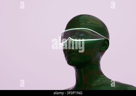 3D render of a green humanoid mannequin with circuit patterns, wearing a glowing translucent smart visor on a soft purple background. Stock Photo