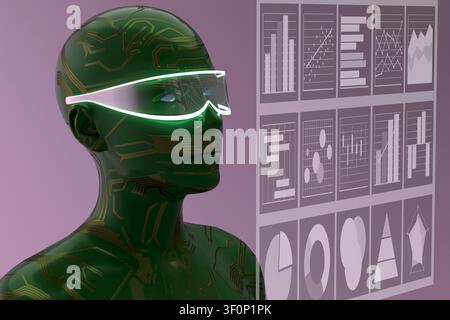 3D render of a green circuit humanoid mannequin wearing a glowing translucent visor beside digital data charts on a purple background. Stock Photo