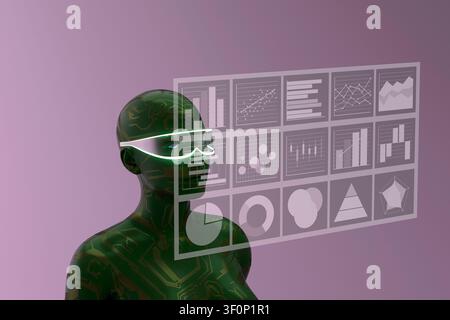 3D render of a green circuit humanoid mannequin wearing a glowing translucent visor beside digital data charts on a purple background. Stock Photo