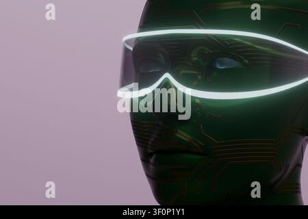 3D render of a green humanoid mannequin with circuit patterns, wearing a glowing translucent smart visor on a soft purple background. Stock Photo