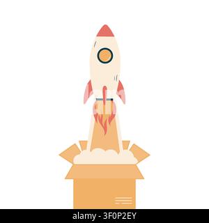 Flat illustration of a rocket launching out of a cardboard box depicting startup and innovation concept for business design Stock Vector