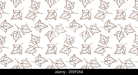 Seamless pattern with line art cotton plant leaf in brown outline style on white background. Minimalist organic botanical motif. illustration for Stock Vector