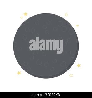 Flat illustration of a craters moon depicting a dark lunar surface with golden stars for space and astronomy design Stock Vector
