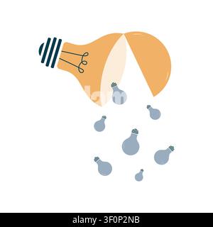 Flat illustration of a large light bulb splitting open and releasing small light bulbs depicting idea generation for creative and business design Stock Vector
