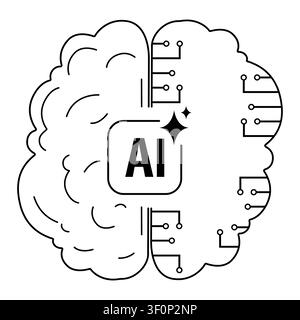 Outline illustration of a human brain depicting artificial intelligence with circuit board elements for technology and digital design Stock Vector