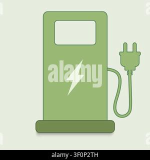 Flat illustration of a green electric vehicle charging station depicting an EV charger with power plug for sustainable energy design Stock Vector
