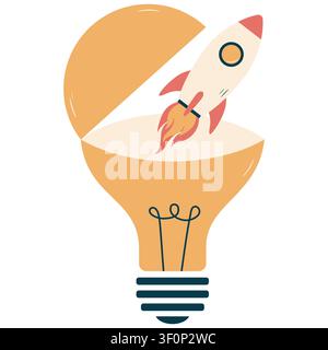 Flat illustration of a rocket launching inside a light bulb depicting startup innovation and creative idea concept for business design Stock Vector