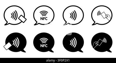 Outline and silhouette icon set of NFC contactless payment symbols featuring tap to pay gestures and wireless signals for fintech design Stock Vector