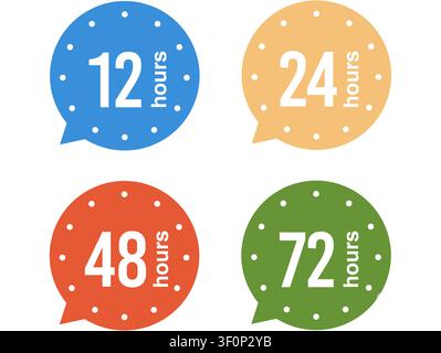 Flat icon set of 4 time duration badges featuring 12, 24, 48 and 72 hour speech bubble clocks for business and delivery design Stock Vector