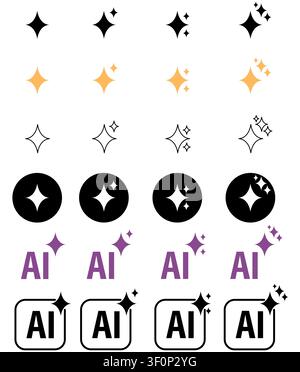 Flat icon set of AI sparkle symbols featuring solid, outline and badge variations in black, orange and purple for technology design Stock Vector