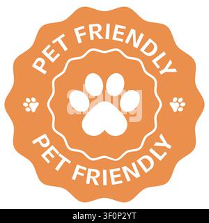 Flat badge illustration of a pet friendly seal depicting a paw print emblem with decorative scalloped border for animal welcoming signage Stock Vector