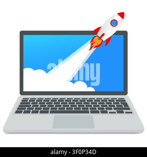 Flat illustration of rocket launching from laptop screen depicting startup and technology concept for business design Stock Vector