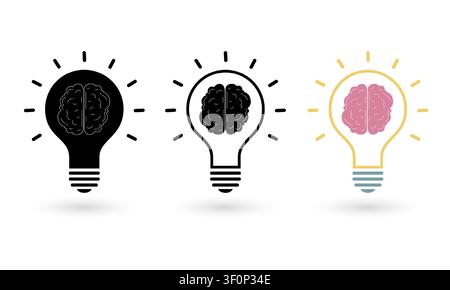 Mixed style icon set of 3 light bulb brain symbols featuring silhouette, outline and flat color variations for creativity and innovation design Stock Vector