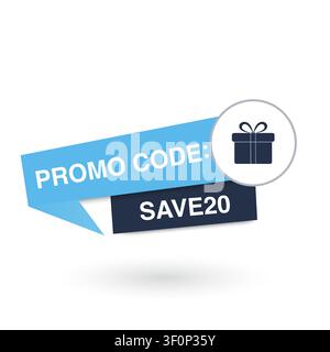 Flat illustration of a promotional code banner depicting a discount offer with gift box icon for retail and marketing design Stock Vector