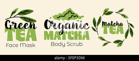 Matcha green tea cosmetic and beverage hand drawn logos set Stock Vector
