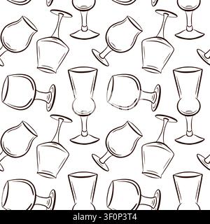 Seamless pattern with hand drawn beer glass in line art style. Beverage accessory texture. Pub and brewery background design. Black and white Stock Vector