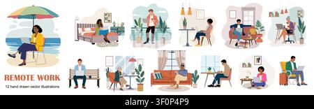 People work from home in cozy, relaxed settings Stock Vector