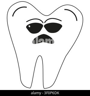 Angry tooth character. Dark glasses icon. Dangerous cartoon mascot. Vector dental element Stock Vector