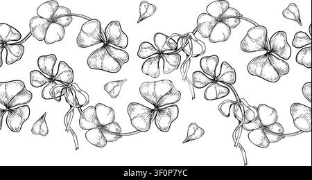 Сlover leaves and coquette bow black white vector seamless border. Floral pattern monochrome for spring design or St. Patrick Day. Shamrock repeat Stock Vector