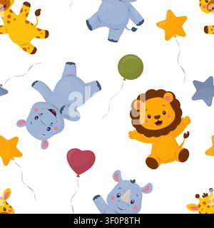 Seamless pattern with cute safari animals lion, giraffe, hippopotamus and rhinoceros with balloons. Vector illustration.Playful background for Stock Vector