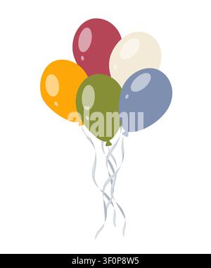 Balloon bouquet with five round party balloons. Vector illustration in soft pastel flat style. Festive celebration clipart for greeting cards Stock Vector