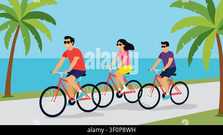 People riding bicycles along seaside with palm trees. Vector illustration in flat modern style. Summer lifestyle scene for travel ads, sport posters Stock Vector