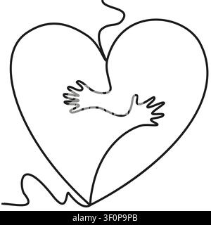 Continuous one line drawing of embracing heart shape. Love and care concept. Vector illustration. Stock Vector