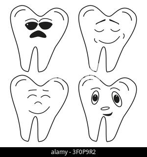 Cool and funny tooth mascots set. Happy dental emoji collection. Vector cartoon characters Stock Vector