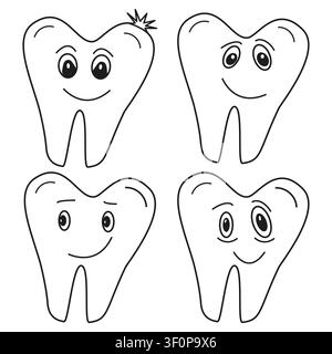 Collection of smiling tooth mascots with different expressions. Dental vector set Stock Vector